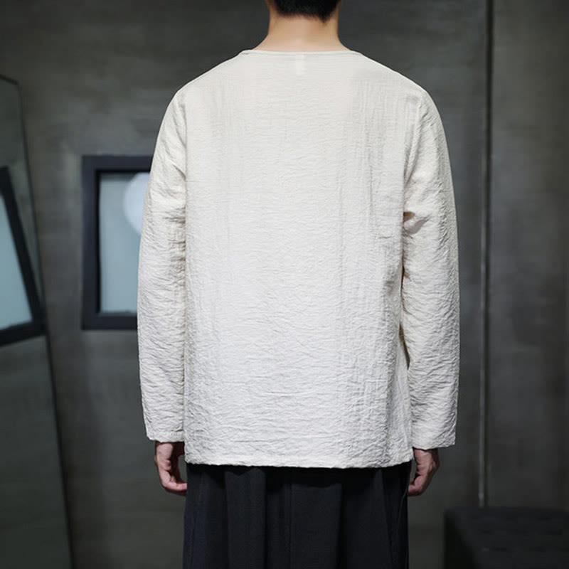 Buddha Stones Solid Color Loose Long Sleeve Round Neck Cotton Men's Shirts - image 16