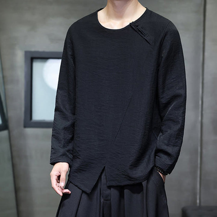 Buddha Stones Solid Color Loose Long Sleeve Round Neck Men's Shirts - image 29