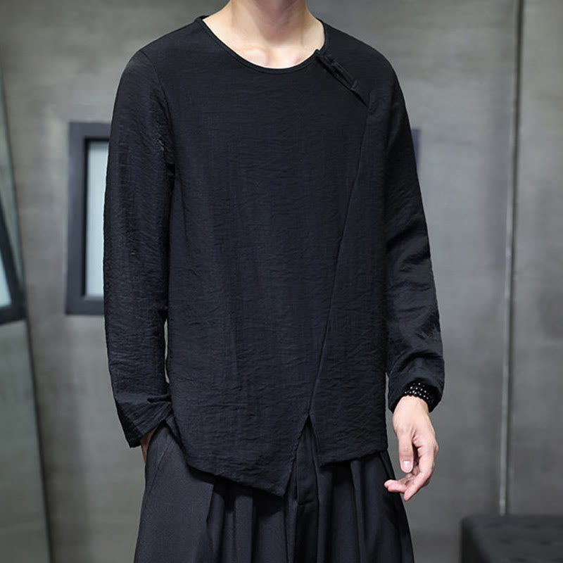 Buddha Stones Solid Color Loose Long Sleeve Round Neck Cotton Men's Shirts - image 25