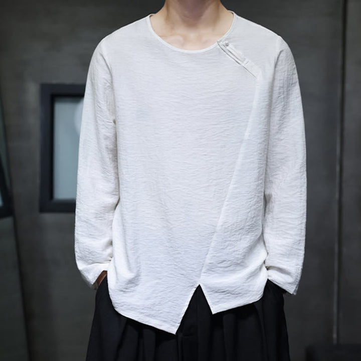 Buddha Stones Solid Color Loose Long Sleeve Round Neck Cotton Men's Shirts - image 4