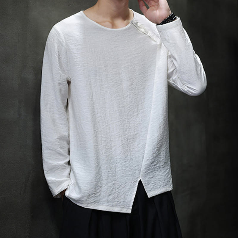 Buddha Stones Solid Color Loose Long Sleeve Round Neck Men's Shirts - image 9