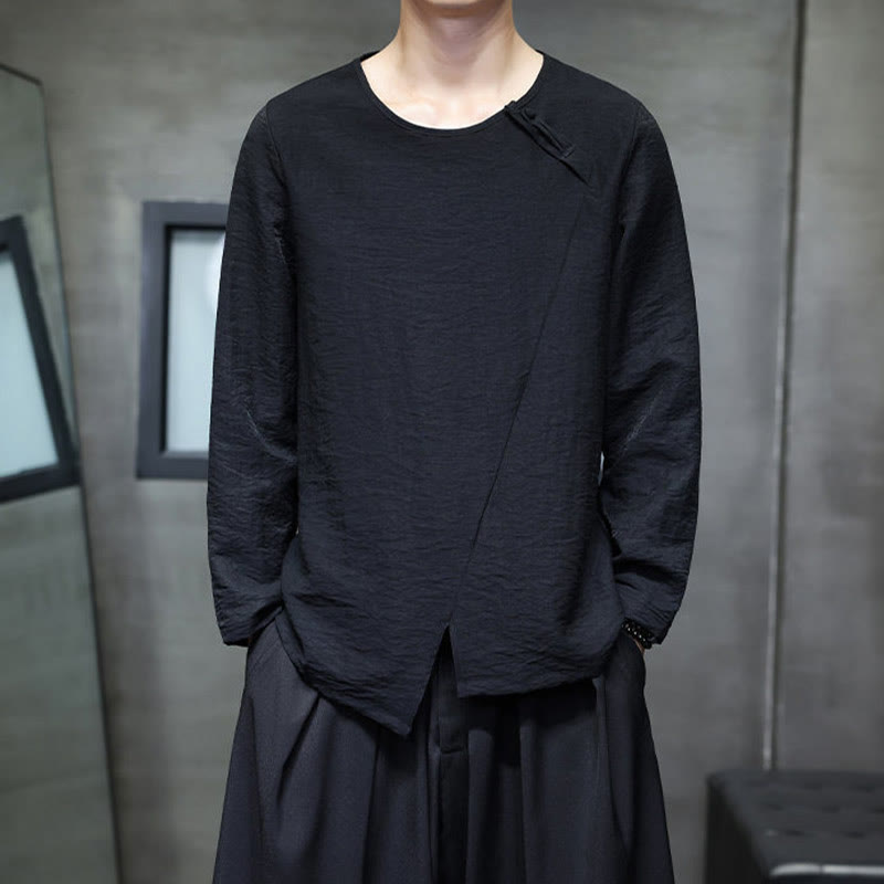 Buddha Stones Solid Color Loose Long Sleeve Round Neck Cotton Men's Shirts - Black - US/UK/AU46，EU56 (5XL) - image 24