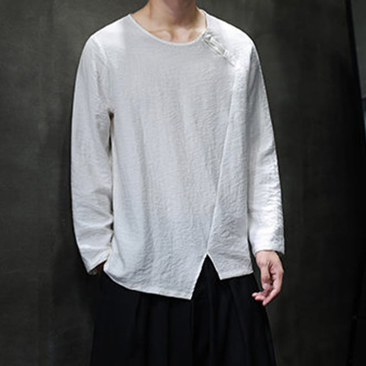 Buddha Stones Solid Color Loose Long Sleeve Round Neck Men's Shirts - image 8