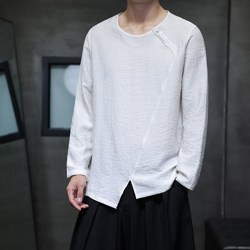 Buddha Stones Solid Color Loose Long Sleeve Round Neck Men's Shirts - image 1