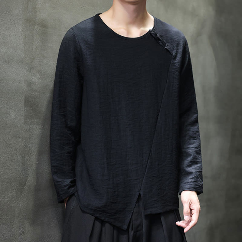 Buddha Stones Solid Color Loose Long Sleeve Round Neck Men's Shirts - image 31