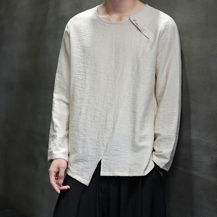 Buddha Stones Solid Color Loose Long Sleeve Round Neck Men's Shirts - image 17