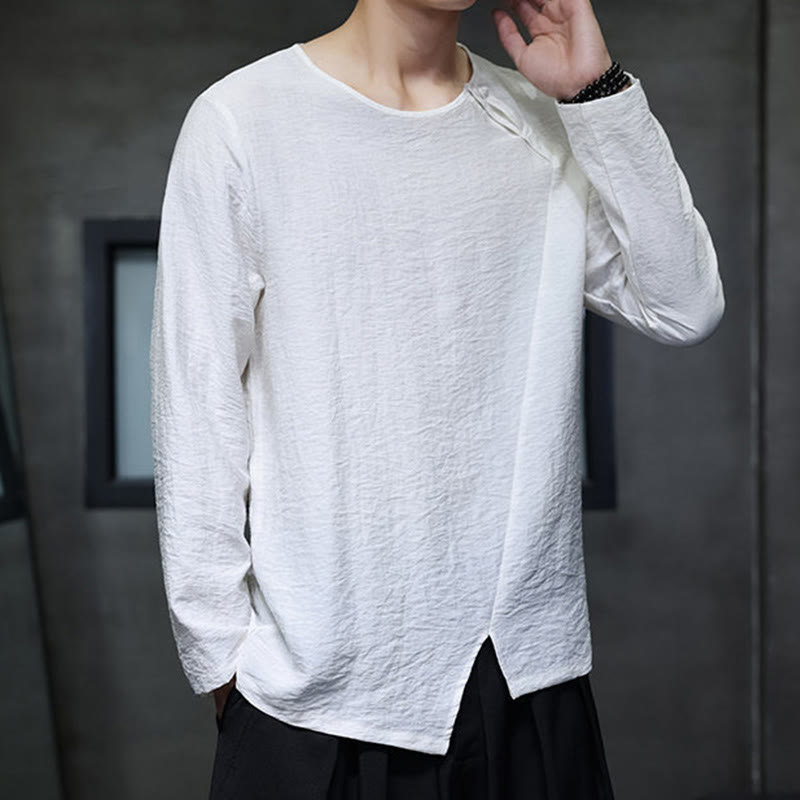 Buddha Stones Solid Color Loose Long Sleeve Round Neck Men's Shirts - image 6