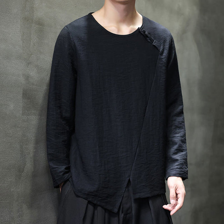 Buddha Stones Solid Color Loose Long Sleeve Round Neck Cotton Men's Shirts - image 31