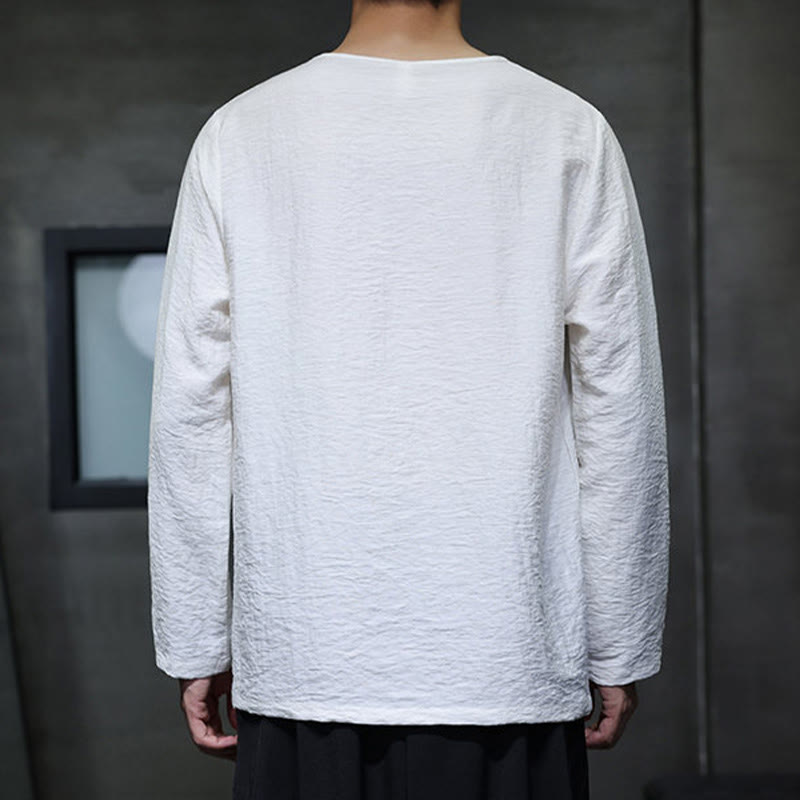 Buddha Stones Solid Color Loose Long Sleeve Round Neck Men's Shirts - image 2