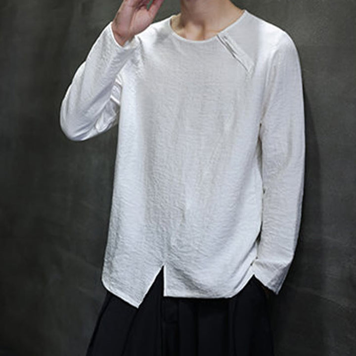 Buddha Stones Solid Color Loose Long Sleeve Round Neck Men's Shirts - image 10