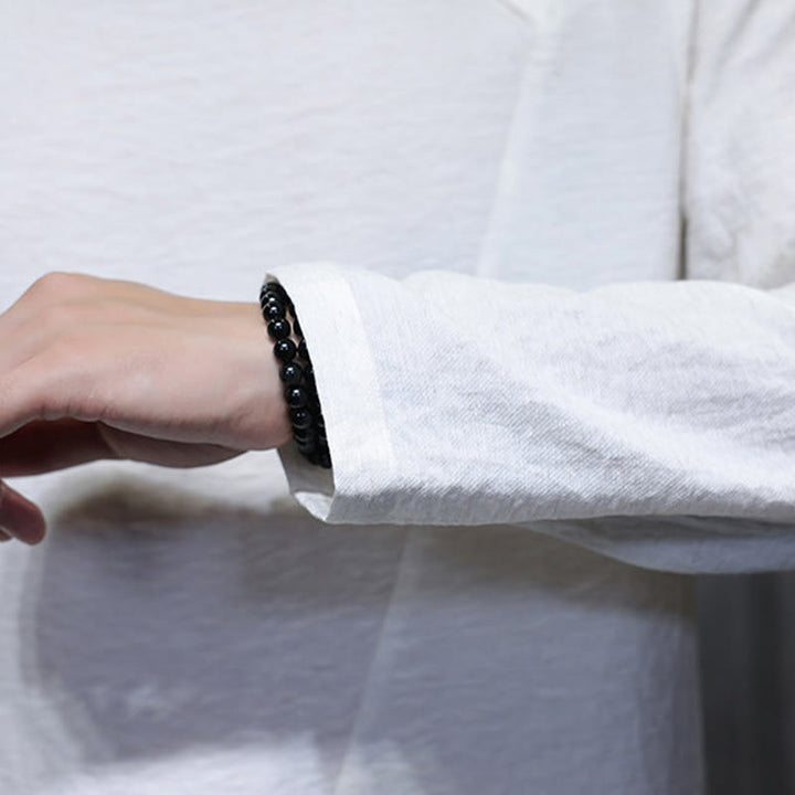 Buddha Stones Solid Color Loose Long Sleeve Round Neck Cotton Men's Shirts - image 11