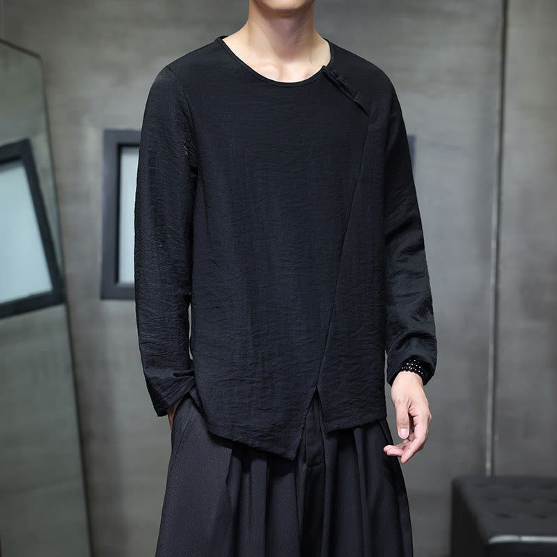 Buddha Stones Solid Color Loose Long Sleeve Round Neck Men's Shirts - image 27