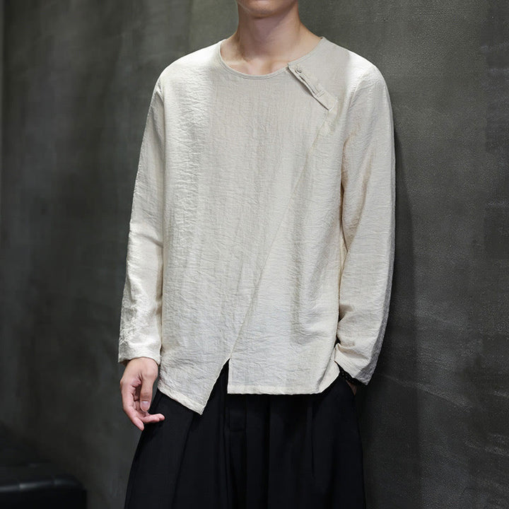 Buddha Stones Solid Color Loose Long Sleeve Round Neck Cotton Men's Shirts - image 22