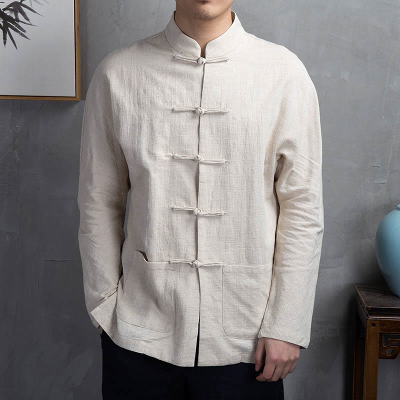 Buddha Stones Solid Color Casual Frog-button Linen Men's Shirt Clothing