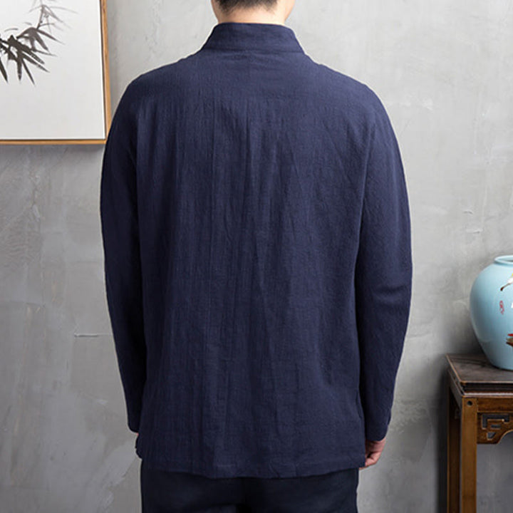 Buddha Stones Solid Color Casual Frog-button Linen Men's Shirt Clothing