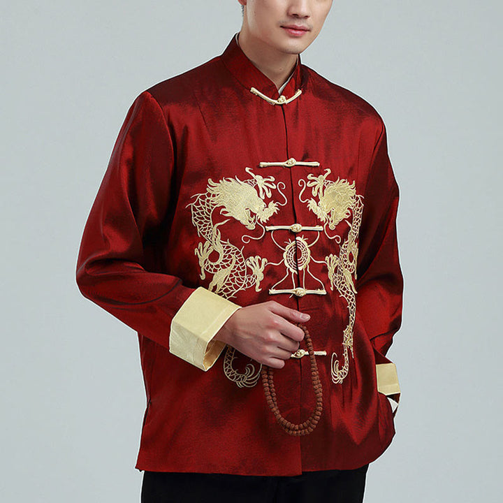 Buddha Stones Embroider Dragon Turned Sleeves Casual Frog-button Polyester Fiber Men's Jacket Shirt Pants Clothing - DarkRed(Fleece) - US/UK/AU42，EU52 (3XL) - image 0