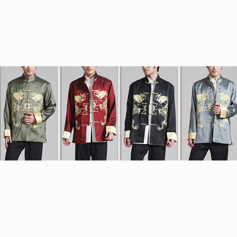 Buddha Stones Embroider Dragon Turned Sleeves Casual Frog-button Polyester Fiber Men's Jacket Shirt Pants Clothing - image 21