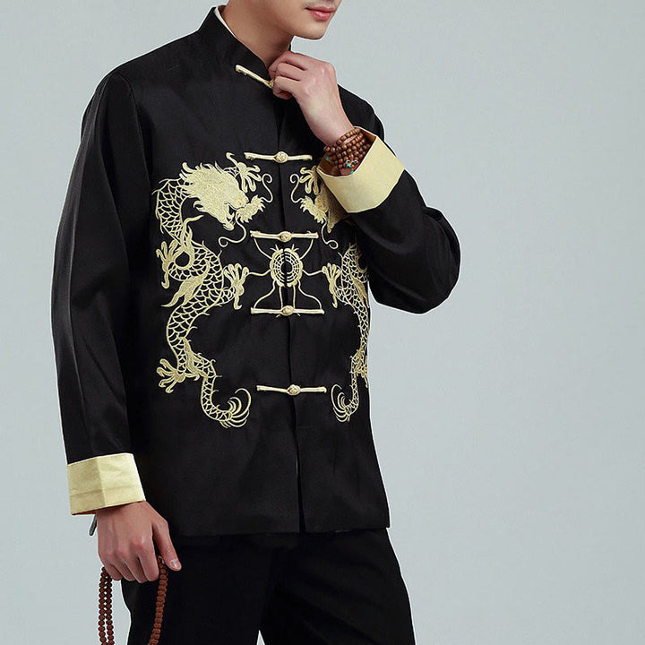 Buddha Stones Embroider Dragon Turned Sleeves Casual Frog-button Polyester Fiber Men's Jacket Shirt Pants Clothing - image 12
