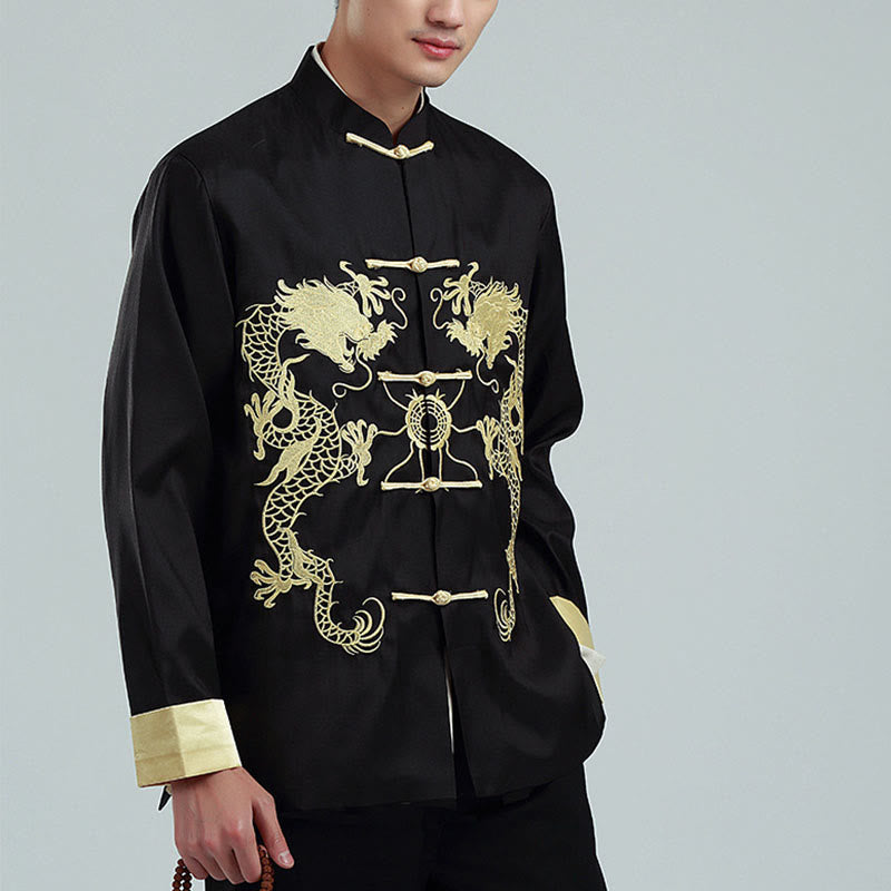 Buddha Stones Embroider Dragon Turned Sleeves Casual Frog-button Polyester Fiber Men's Jacket Shirt Pants Clothing