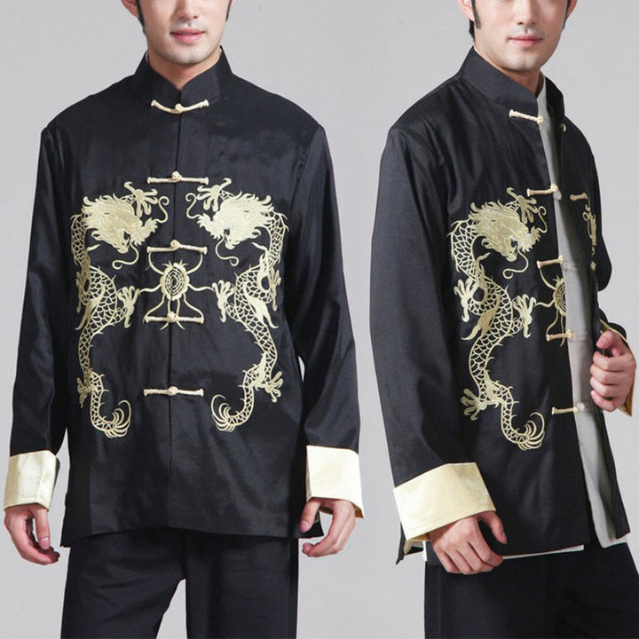 Buddha Stones Embroider Dragon Turned Sleeves Casual Frog-button Polyester Fiber Men's Jacket Shirt Pants Clothing