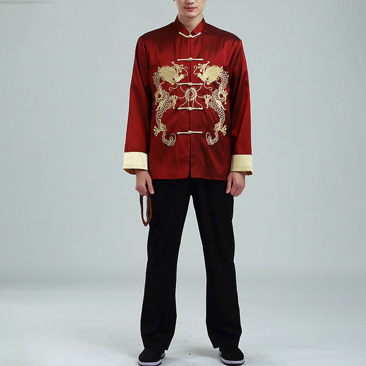 Buddha Stones Embroider Dragon Turned Sleeves Casual Frog-button Polyester Fiber Men's Jacket Shirt Pants Clothing - image 3