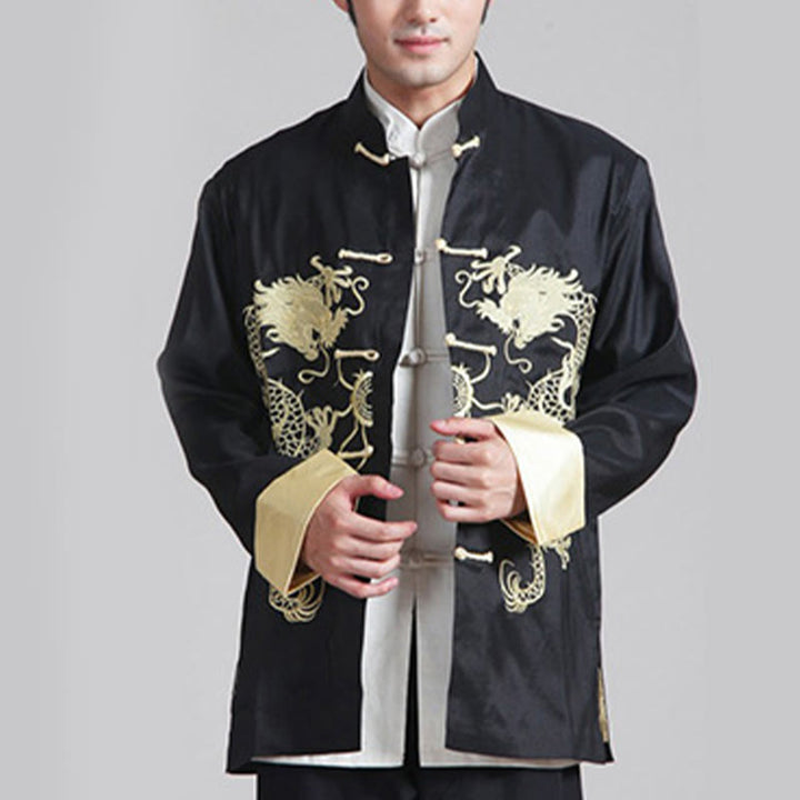 Buddha Stones Embroider Dragon Turned Sleeves Casual Frog-button Polyester Fiber Men's Jacket Shirt Pants Clothing