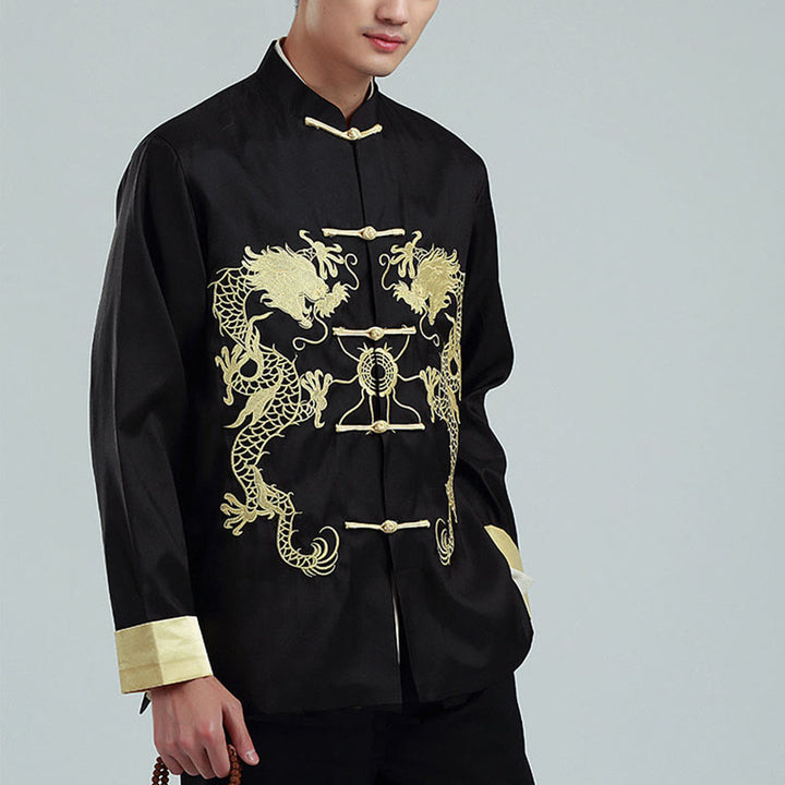 Buddha Stones Embroider Dragon Turned Sleeves Casual Frog-button Polyester Fiber Men's Jacket Shirt Pants Clothing - image 12