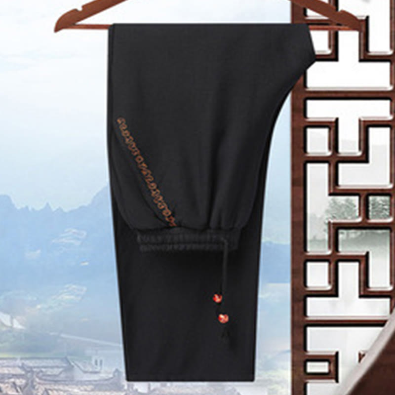 Buddha Stones Embroider Dragon Turned Sleeves Casual Frog-button Polyester Fiber Men's Jacket Shirt Pants Clothing - Black Pants(Fleece) - US/UK/AU42，EU52 (3XL) - image 22