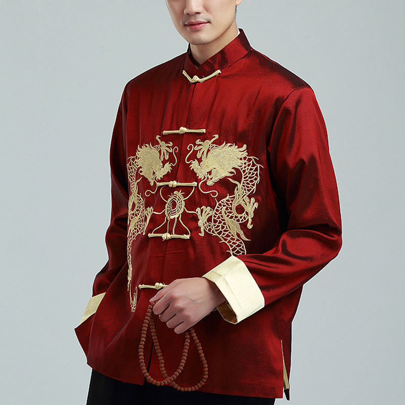 Buddha Stones Embroider Dragon Turned Sleeves Casual Frog-button Polyester Fiber Men's Jacket Shirt Pants Clothing