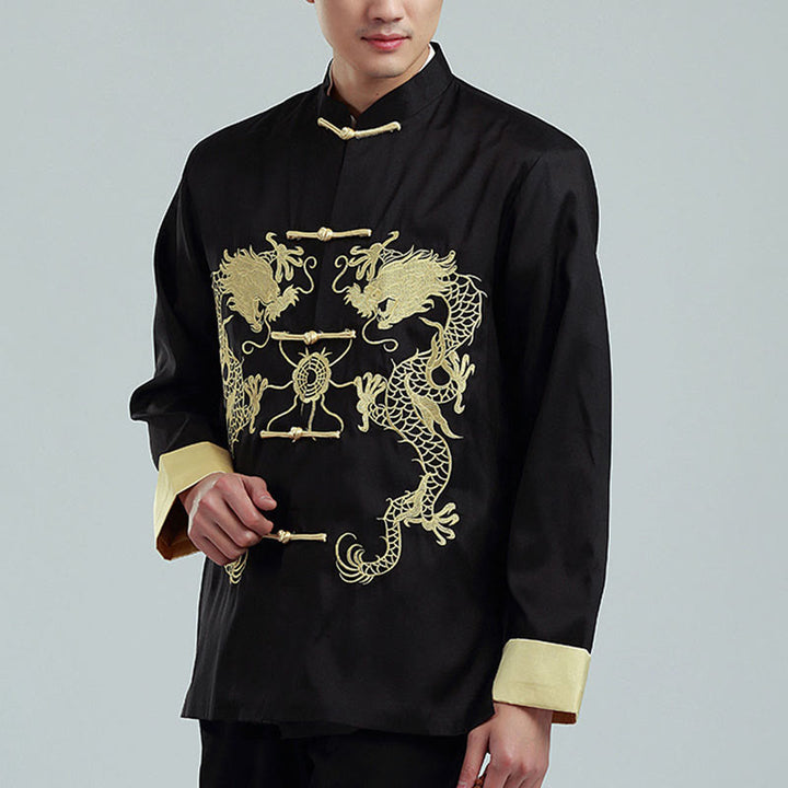 Buddha Stones Embroider Dragon Turned Sleeves Casual Frog-button Polyester Fiber Men's Jacket Shirt Pants Clothing