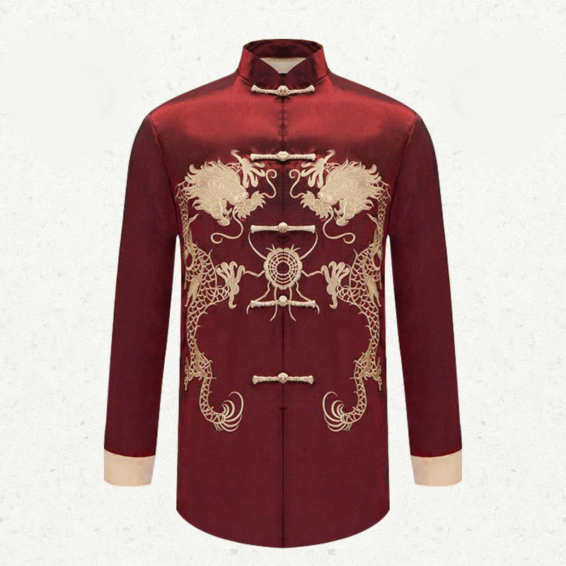 Buddha Stones Embroider Dragon Turned Sleeves Casual Frog-button Polyester Fiber Men's Jacket Shirt Pants Clothing