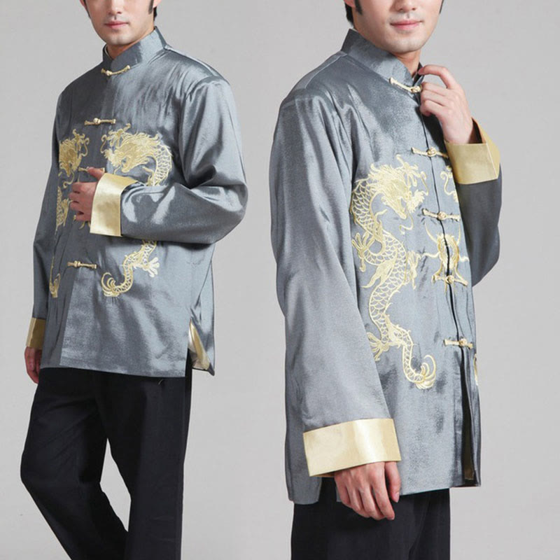 Buddha Stones Embroider Dragon Turned Sleeves Casual Frog-button Polyester Fiber Men's Jacket Shirt Pants Clothing - Gray - US/UK/AU42，EU52 (3XL) - image 7