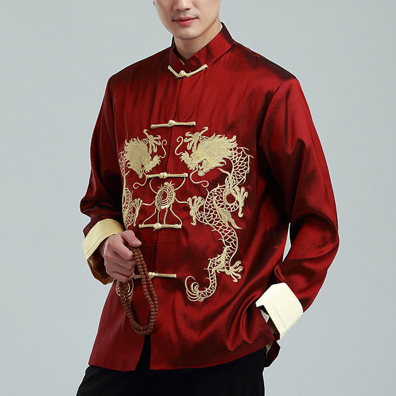 Buddha Stones Embroider Dragon Turned Sleeves Casual Frog-button Polyester Fiber Men's Jacket Shirt Pants Clothing - image 1