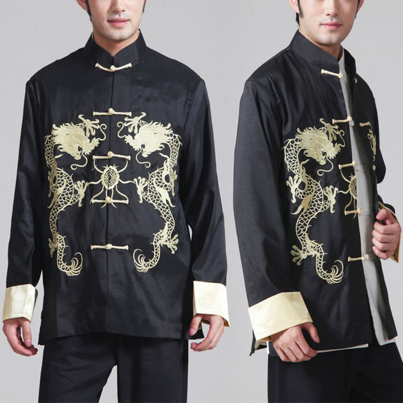 Buddha Stones Embroider Dragon Turned Sleeves Casual Frog-button Polyester Fiber Men's Jacket Shirt Pants Clothing - image 15