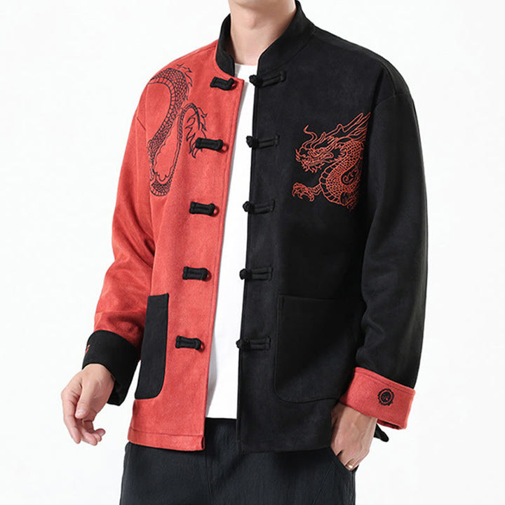 Buddha Stones Dragon Embroidery Casual Frog-button Cotton Men's Jacket Shirt Clothing