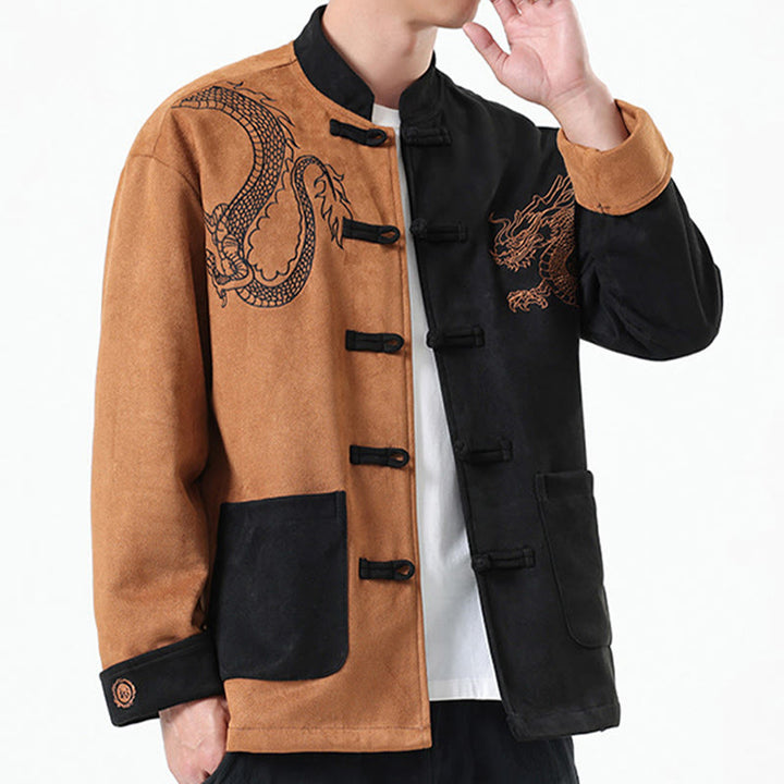 Buddha Stones Dragon Embroidery Casual Frog-button Cotton Men's Jacket Shirt Clothing