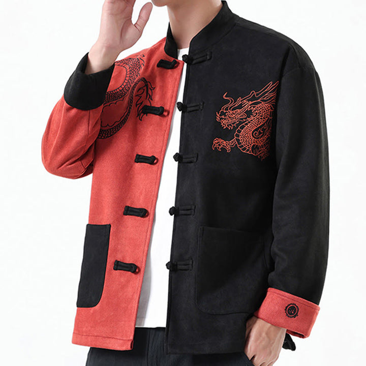 Buddha Stones Dragon Embroidery Casual Frog-button Cotton Men's Jacket Shirt Clothing