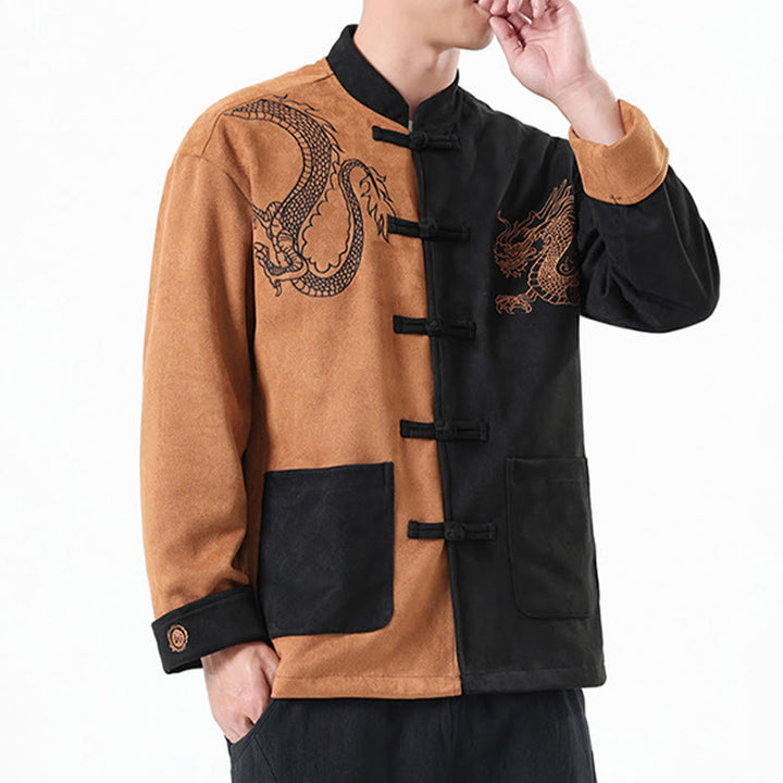 Buddha Stones Dragon Embroidery Casual Frog-button Cotton Men's Jacket Shirt Clothing