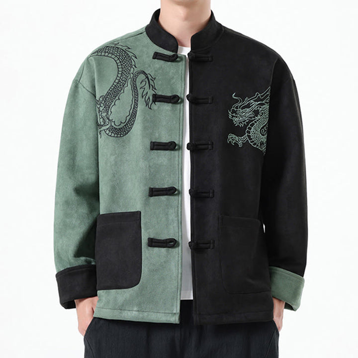 Buddha Stones Dragon Embroidery Casual Frog-button Cotton Men's Jacket Shirt Clothing