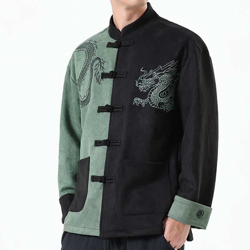 Buddha Stones Dragon Embroidery Casual Frog-button Cotton Men's Jacket Shirt Clothing