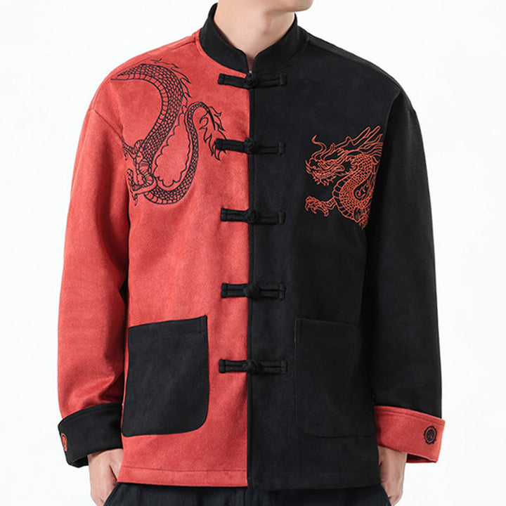 Buddha Stones Dragon Embroidery Casual Frog-button Cotton Men's Jacket Shirt Clothing