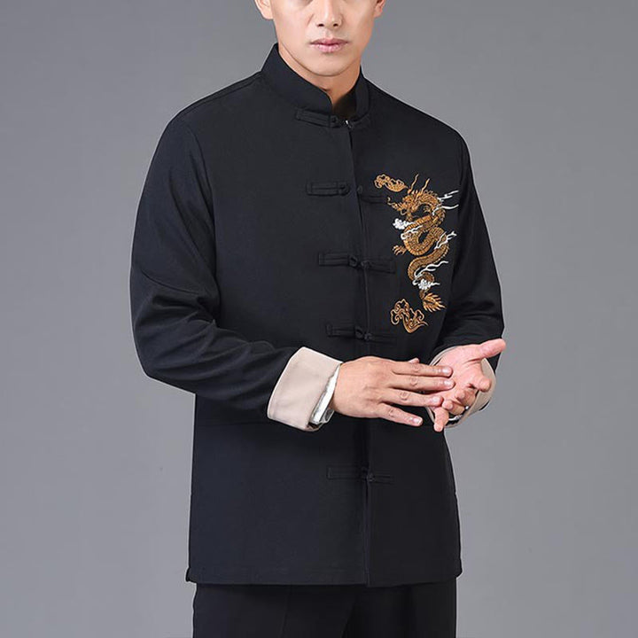 Buddha Stones Dragon Embroidery Frog-button Polyester Men's Jacket Shirt Clothing With Pockets - image 3