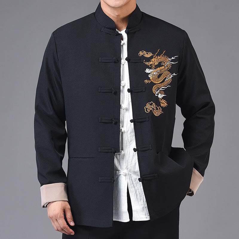 Buddha Stones Dragon Embroidery Frog-button Polyester Men's Jacket Shirt Clothing With Pockets