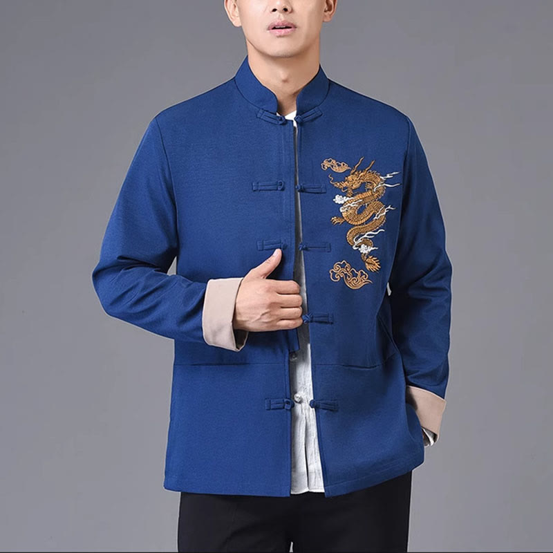 Buddha Stones Dragon Embroidery Frog-button Polyester Men's Jacket Shirt Clothing With Pockets