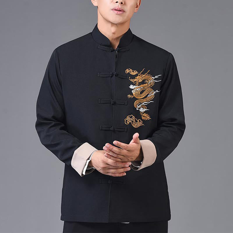 Buddha Stones Dragon Embroidery Frog-button Polyester Men's Jacket Shirt Clothing With Pockets - image 4