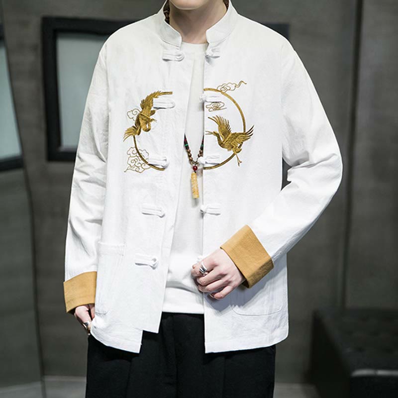 Buddha Stones Crane Embroidery Casual Frog-button Cotton Linen Men's Jacket Shirt Clothing