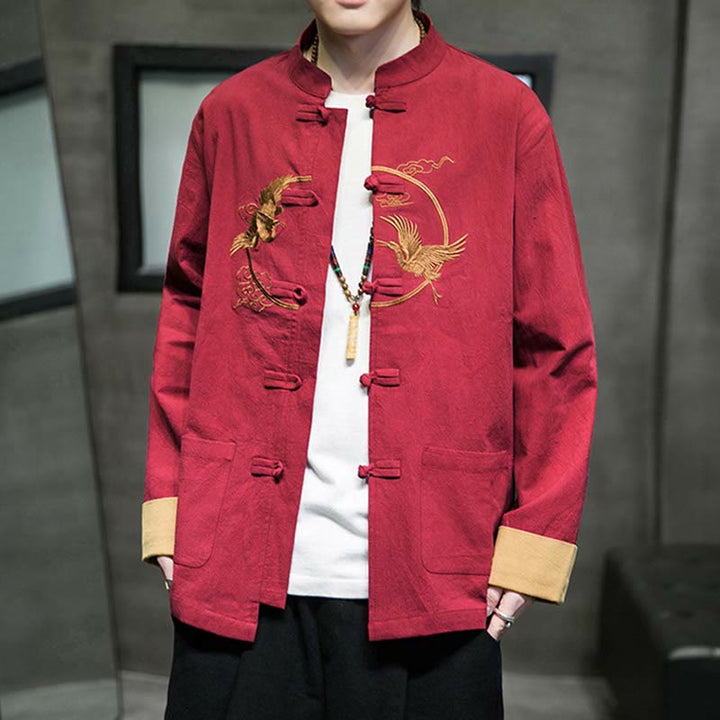 Buddha Stones Crane Embroidery Casual Frog-button Cotton Linen Men's Jacket Shirt Clothing