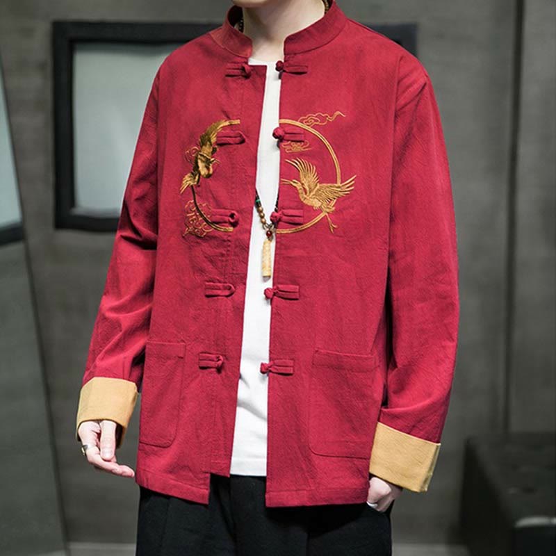 Buddha Stones Crane Embroidery Casual Frog-button Cotton Linen Men's Jacket Shirt Clothing