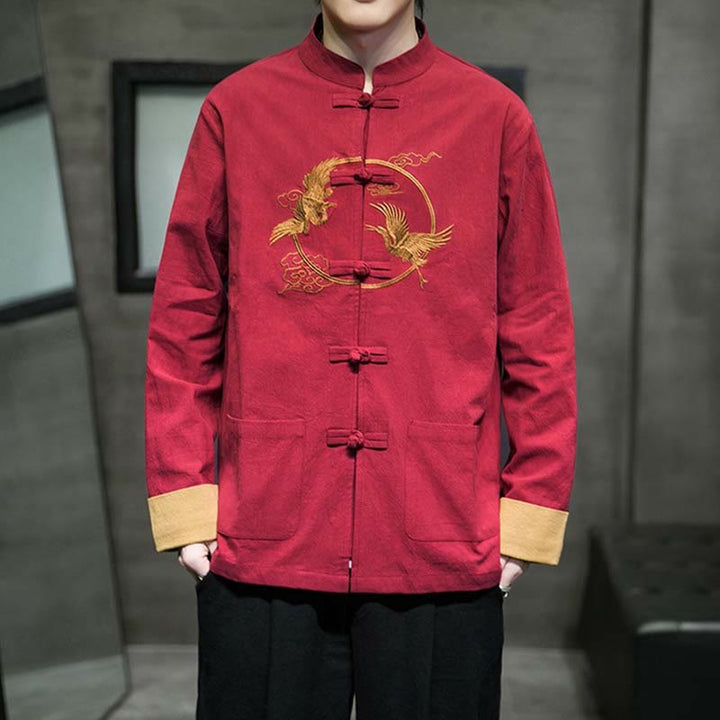 Buddha Stones Crane Embroidery Casual Frog-button Cotton Linen Men's Jacket Shirt Clothing