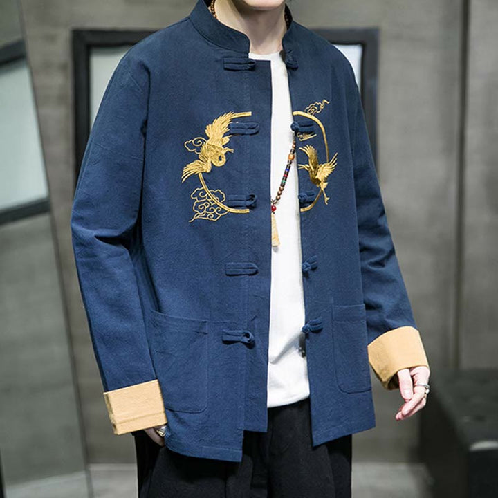 Buddha Stones Crane Embroidery Casual Frog-button Cotton Linen Men's Jacket Shirt Clothing